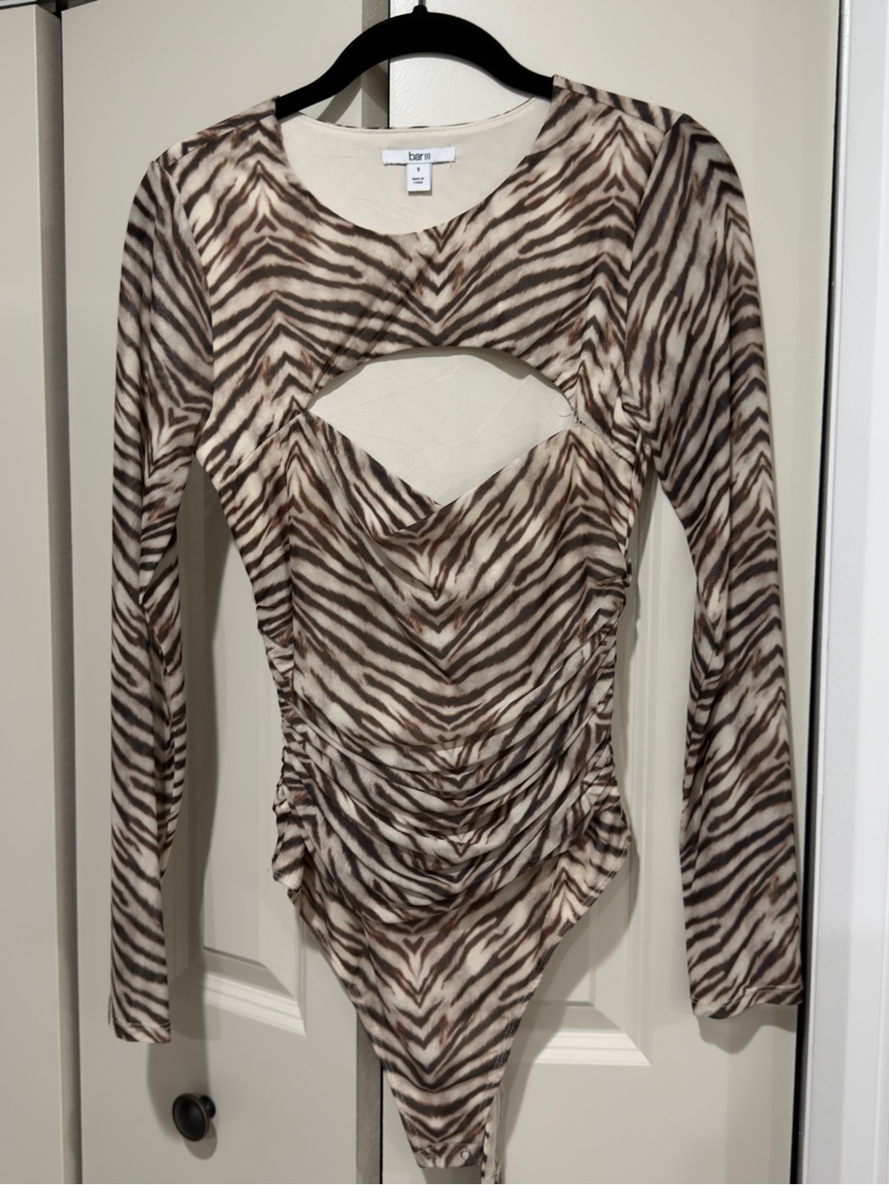 Bar III Brown and Cream Zebra Print Long-Sleeve Cutout Bodysuit